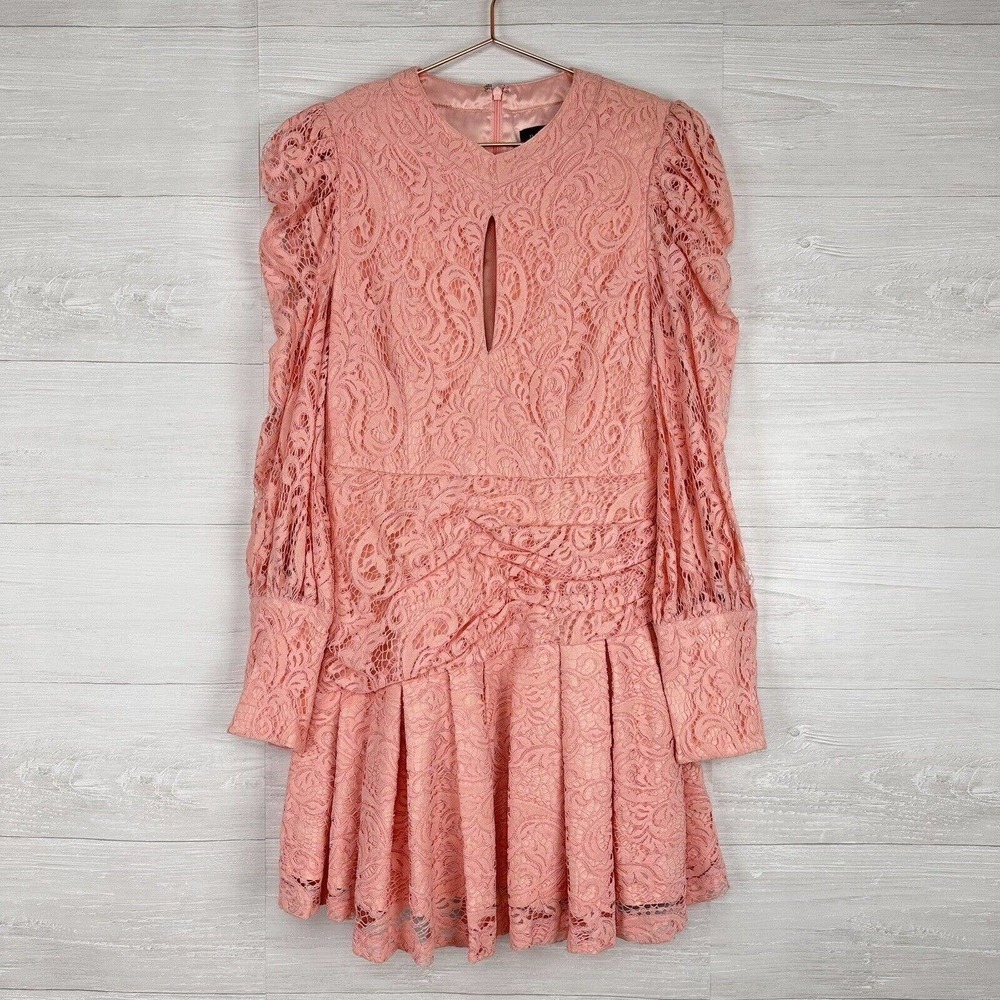 Bardot Krina Pleated Lace Mini Cut Out Dress Size Medium Pastel Pink Puff Sleeve